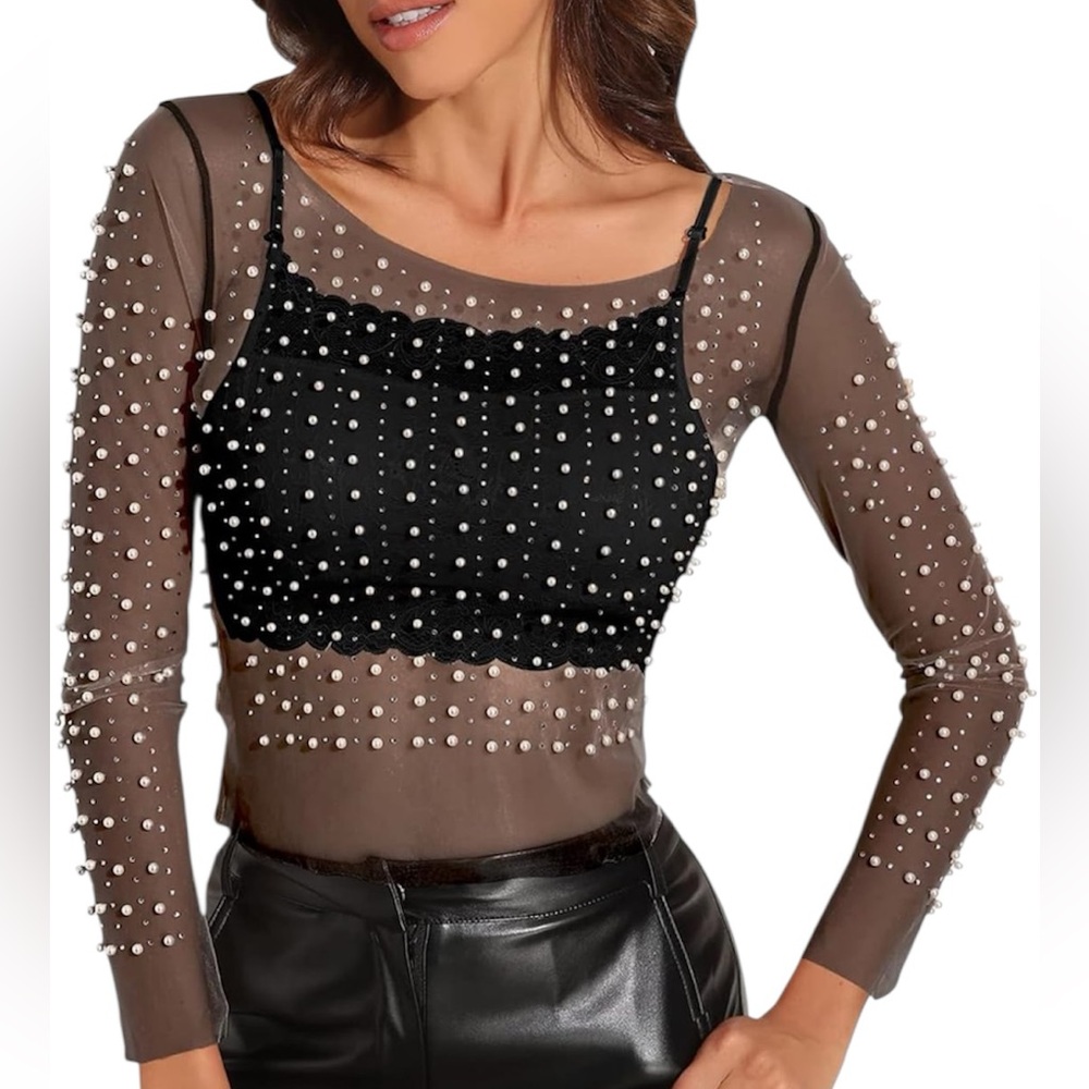 Women's Small Black Mesh Pearl Rhinestone Beaded Sheer Mesh Long Sleeve Shirt